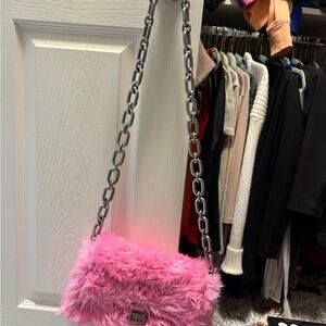 Balenciaga Pink Faux Fur Shoulder Bag with Chain Strap